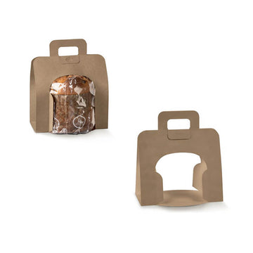 Scatola porta panettone con manico aperta ai lati mostrata vuota e con un panettone